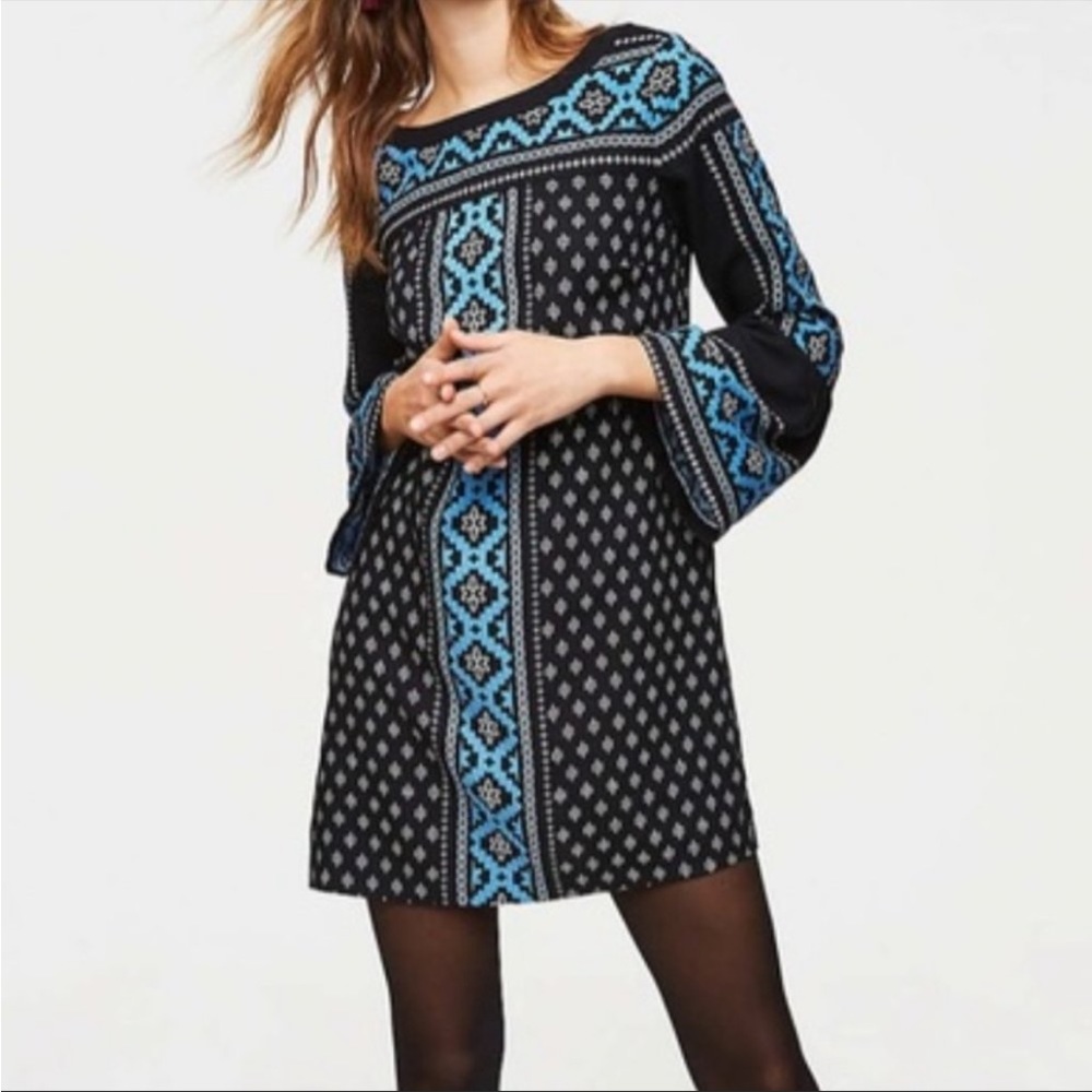 LOFT Mosaic Blue Sheath Dress Bell Sleeves XS